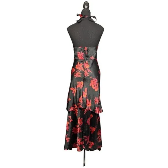 Vintage Y2K Floral Halter Cocktail Dress, Satin Asymmetrical Tiered Hem - Picture 3 of 10